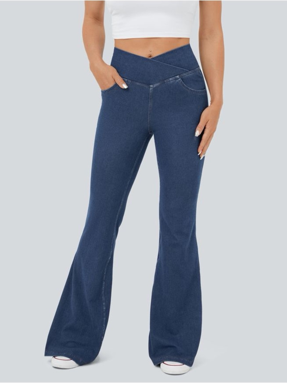 Halara Flex High Waisted Crossover InstantCool Flare Bellbottom Denim TALL LARGE - Picture 3 of 7